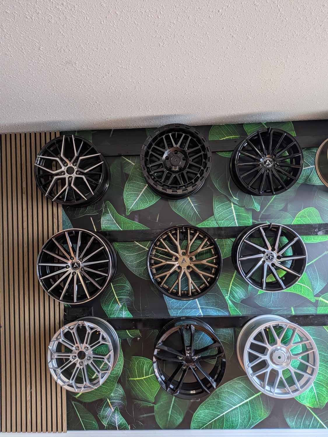 The wheel wall inside the Formula 19 showroom